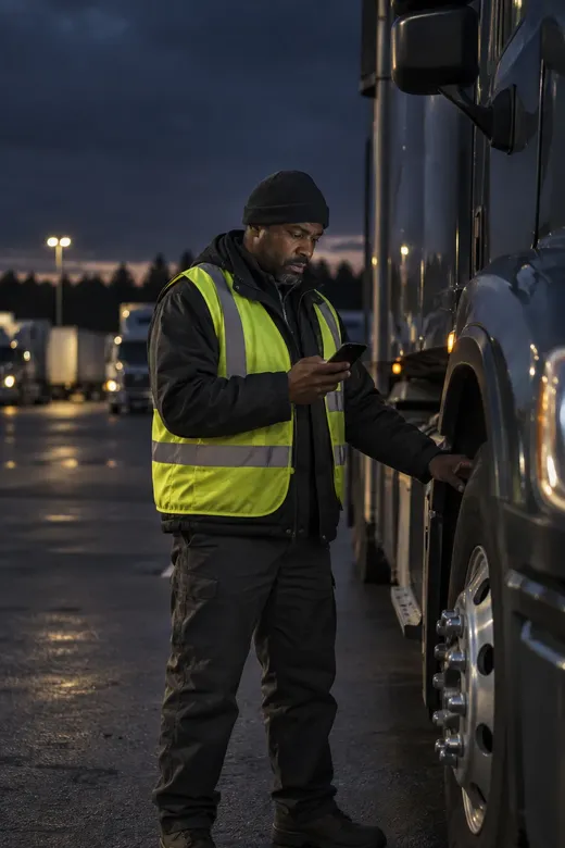 A truck driver beside his tractor at dawn, checking a short training lesson on his phone during the pre-trip walk-around